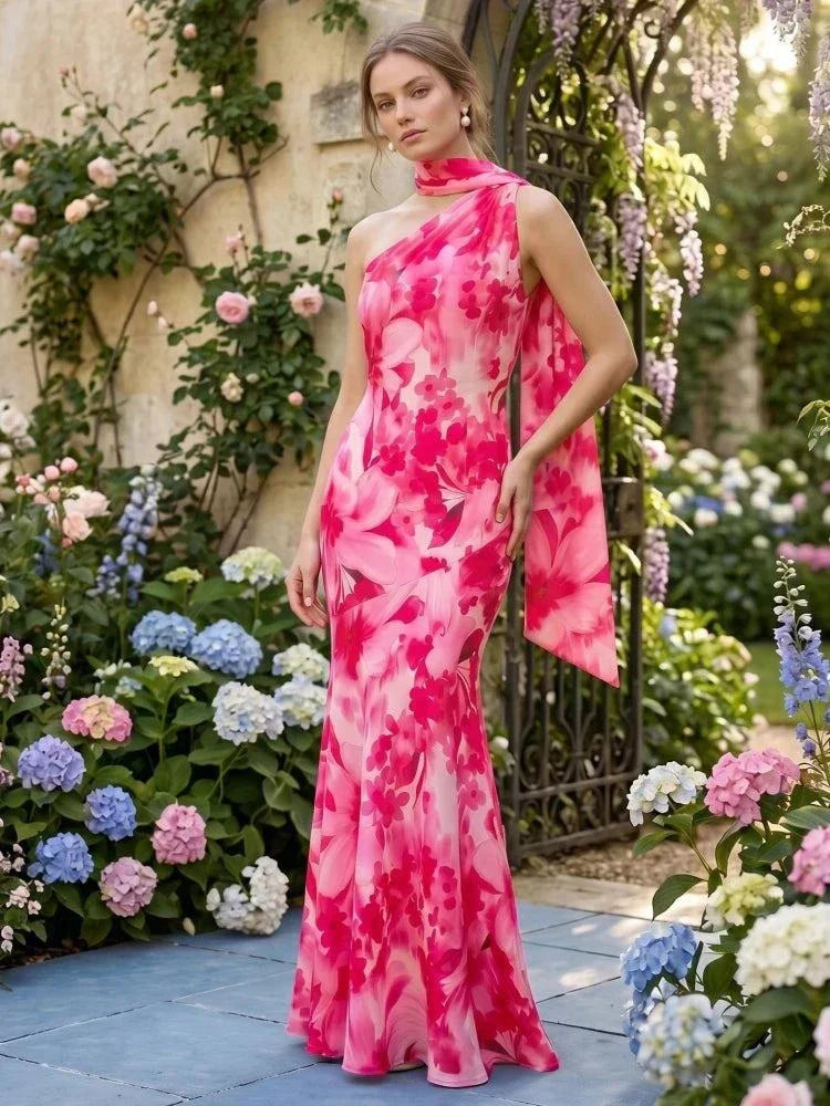 Vestido longo floral rosa com gola assimétrica e echarpe fluida para eventos elegantes