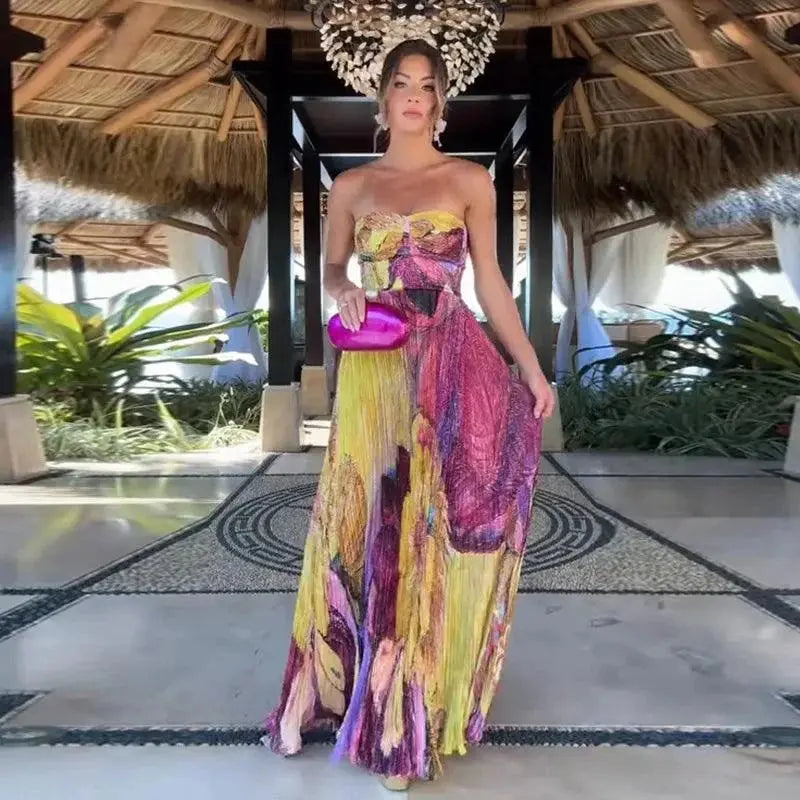 Vestido longo estampado strapless casual verão sem mangas fluido até ao tornozelo