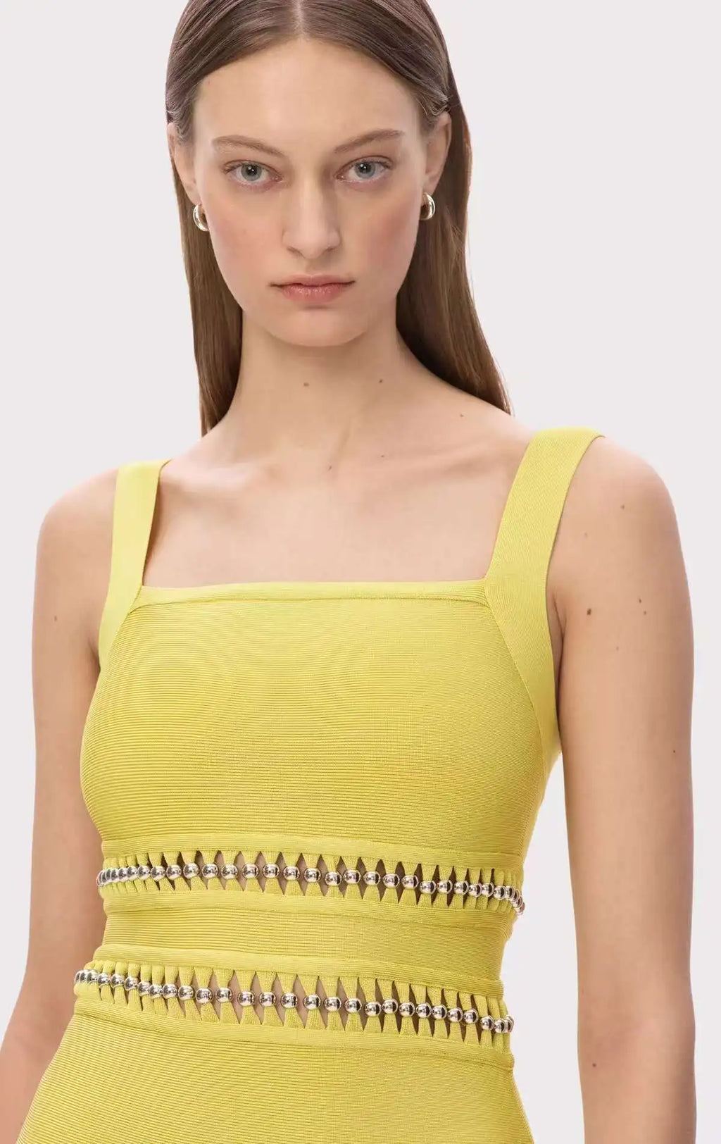 Vestido Bandagem Justo Sem Mangas com Franjas Elegante