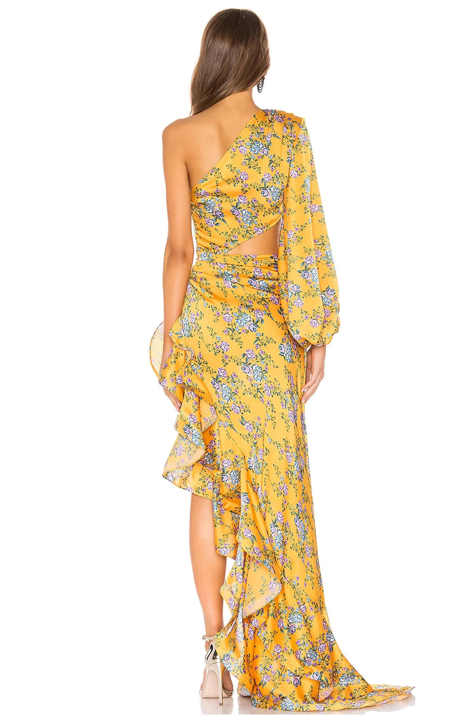 Vestido Longo Estampado de Um Ombro Só com Babados Elegante