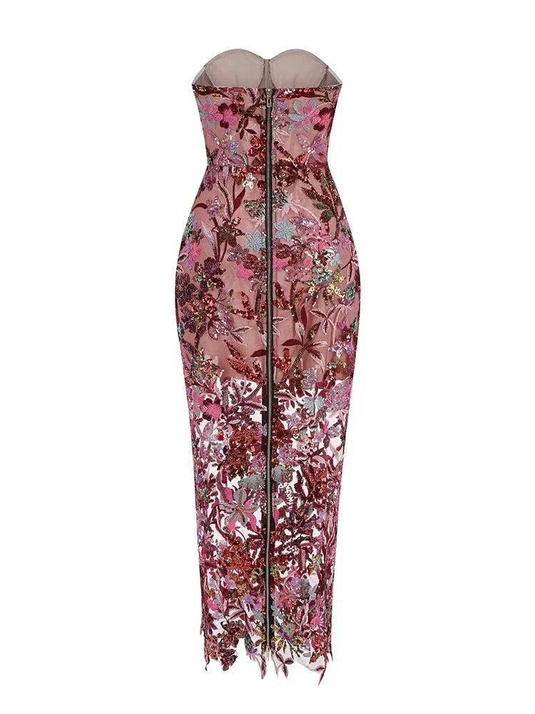 Vestido longo sexy sem alças com bordados florais e lantejoulas brilhantes para festa elegante
