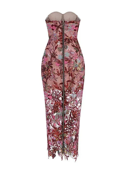 Vestido longo sexy sem alças com bordados florais e lantejoulas brilhantes para festa elegante