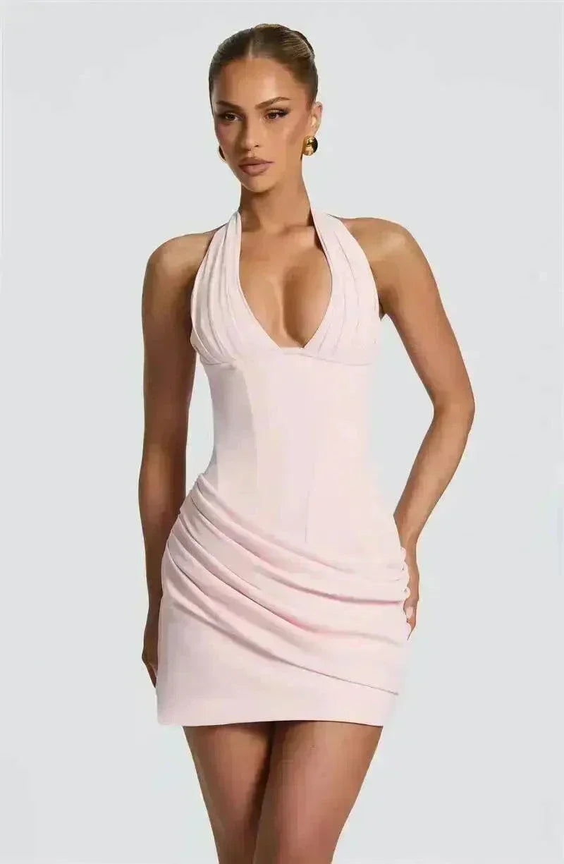 Vestido curto bodycon sexy com decote Halter profundo em V, elegante e sem mangas