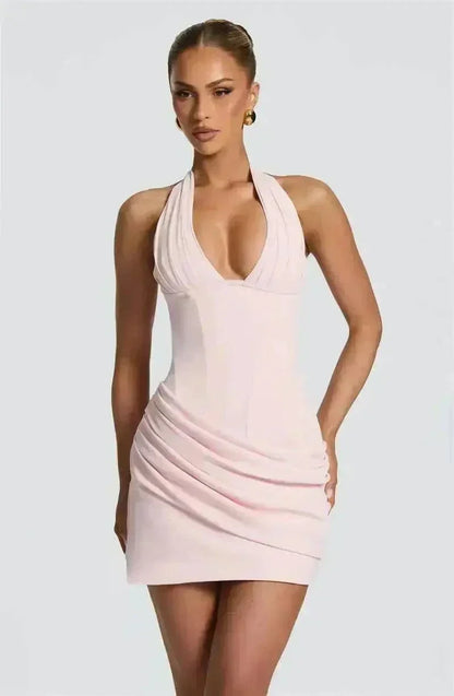 Vestido curto bodycon sexy com decote Halter profundo em V, elegante e sem mangas