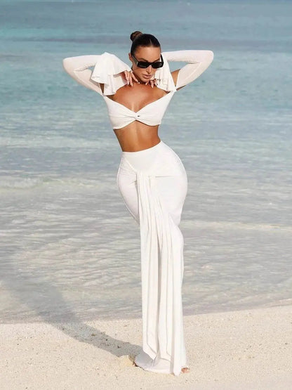 Conjunto Branco de Crop Top Manga Flare e Saia Longa Party Niquice
