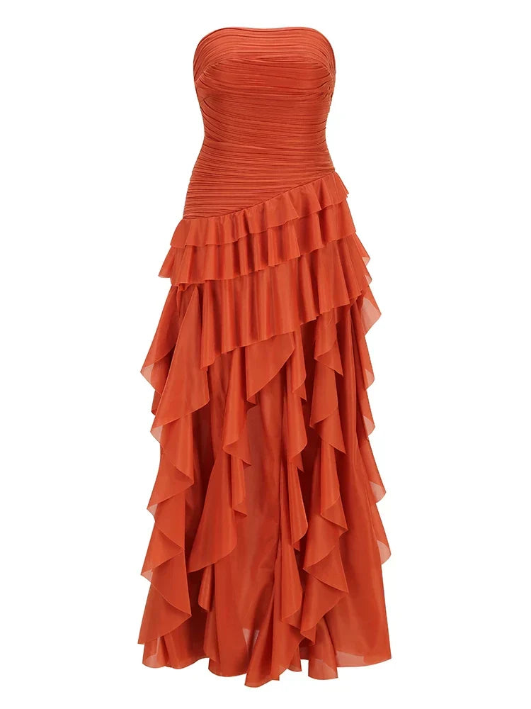Vestido longo sexy sem alças com folhos e corte evasé para festa elegante feminina