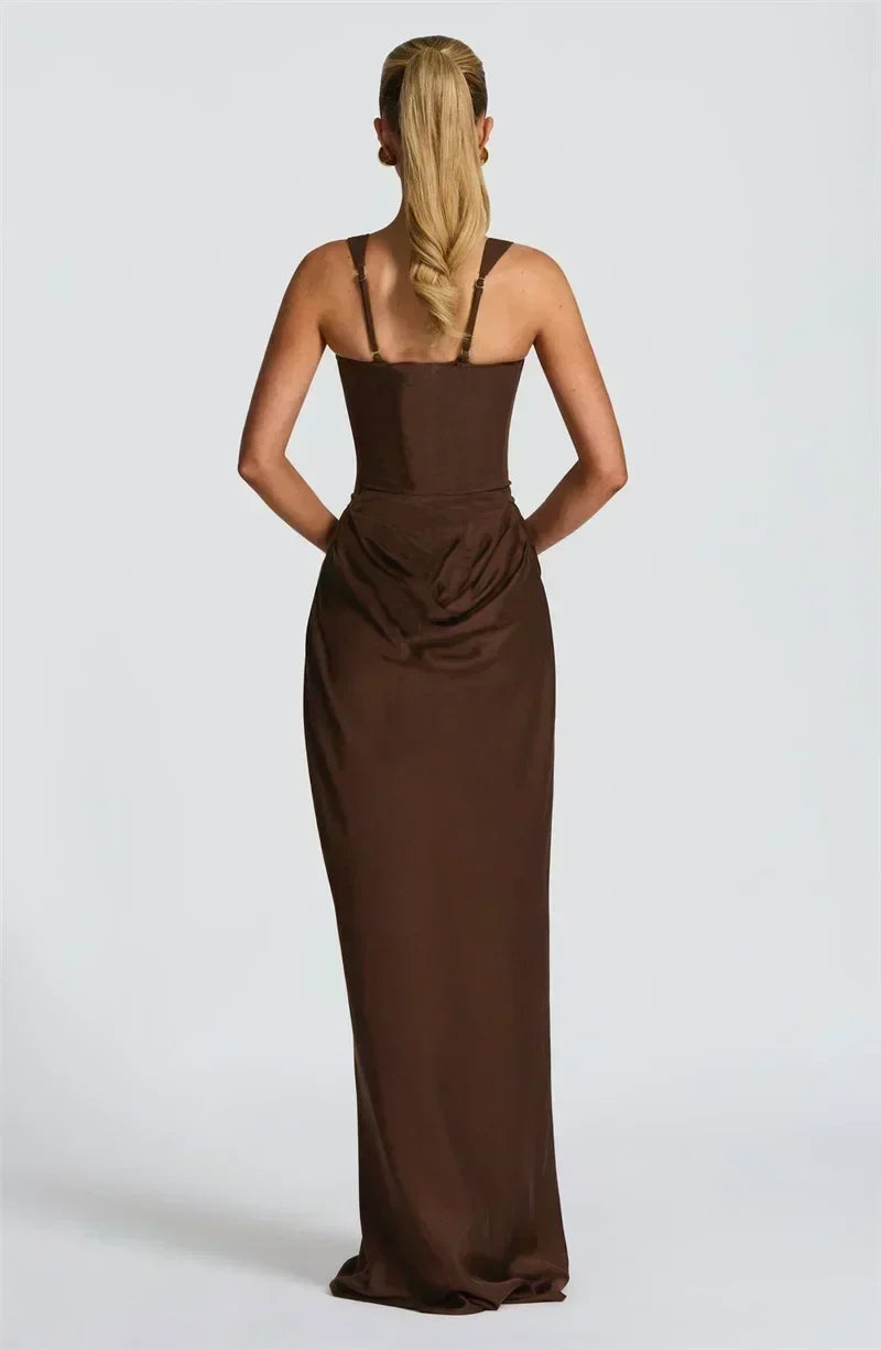 Vestido maxi elegante feminino sem costas com decote quadrado e design franzido para festas e clubes