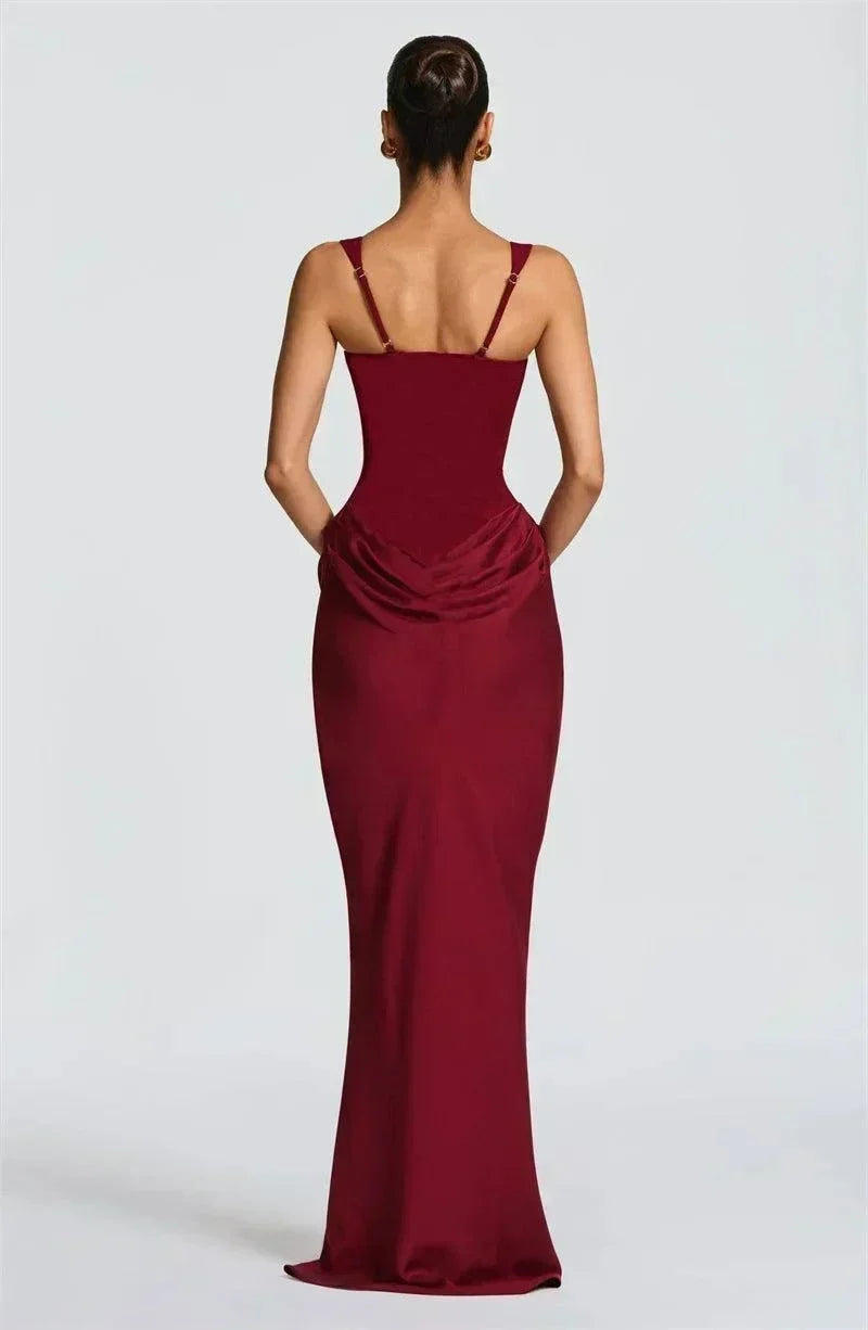 Vestido maxi elegante feminino sem costas para festa com decote quadrado e efeito franzido