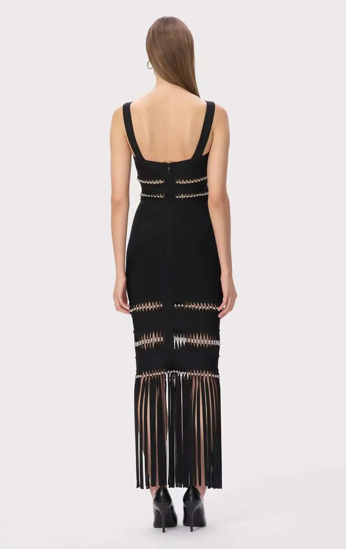 Vestido Bandagem Justo Sem Mangas com Franjas Elegante