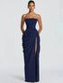 Vestido longo tomara que caia plissado com fenda lateral elegante para festa