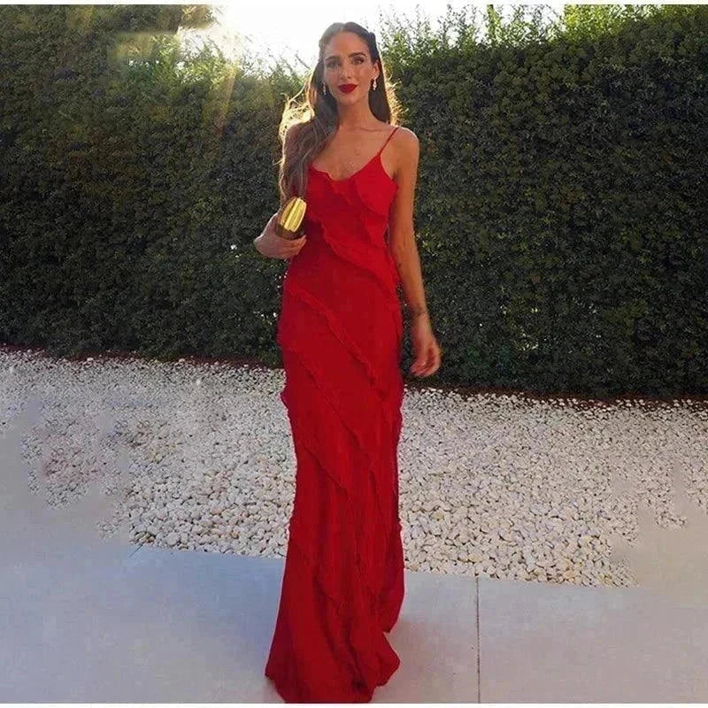 Vestido longo de alça em chiffon com babados para verão elegante e sexy summer fashion