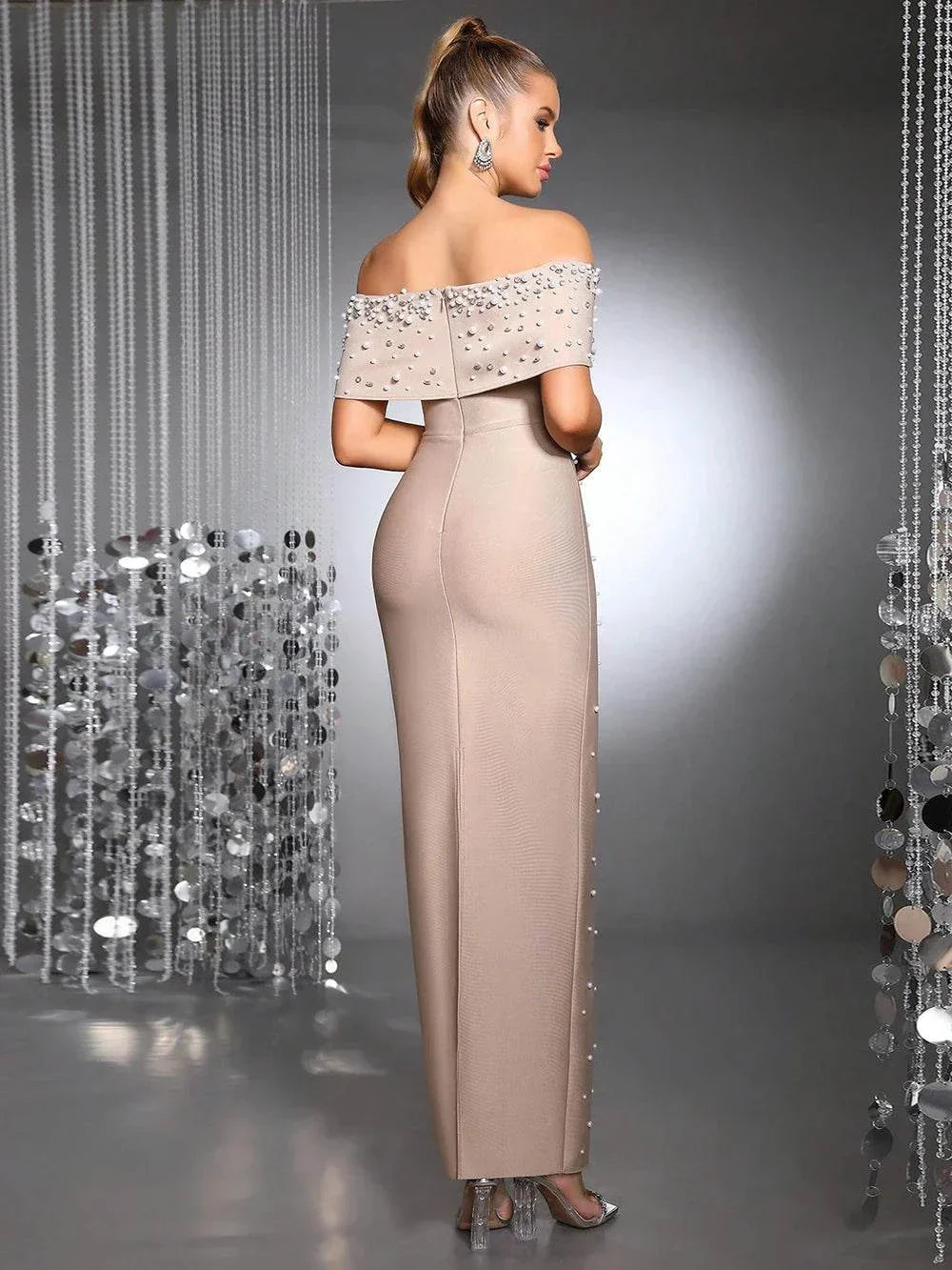 Vestido longo bandagem justo feminino sexy ombros descobertos com contas de pérolas para festa à noite