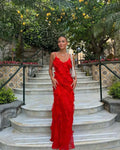Vestido longo de alça em chiffon com babados, estilo summer fashion elegante e leve para o verão
