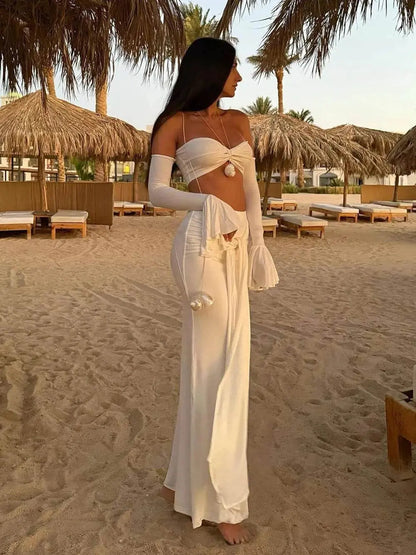 Conjunto Branco de Crop Top Manga Flare e Saia Longa Party Niquice