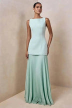 Vestido de Festa Longo Duas Peças Justo Plissado Decote Canoa Niquice