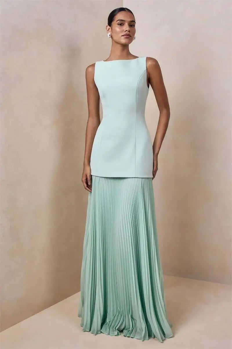 Vestido de Festa Longo Duas Peças Justo Plissado Decote Canoa