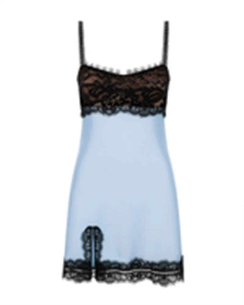 Vestido Curto de Cetim Sexy com Renda Contrastante e Alças Finas