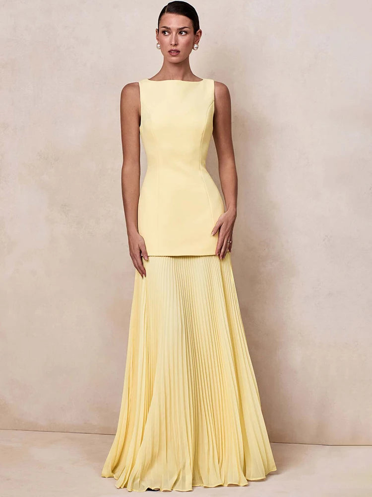 Vestido de Festa Longo Duas Peças Justo Plissado Decote Canoa