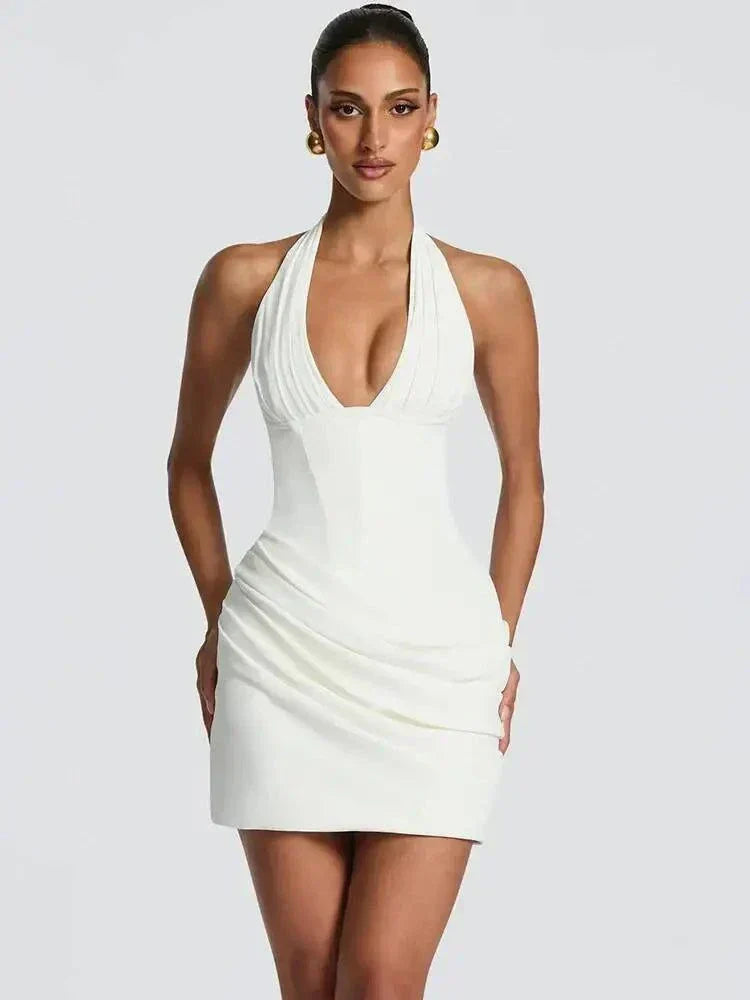 Vestido curto bodycon elegante com alças halter e decote profundo em V