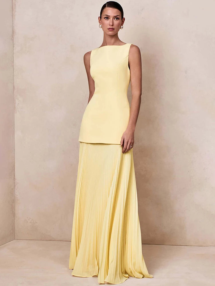 Vestido de Festa Longo Duas Peças Justo Plissado Decote Canoa