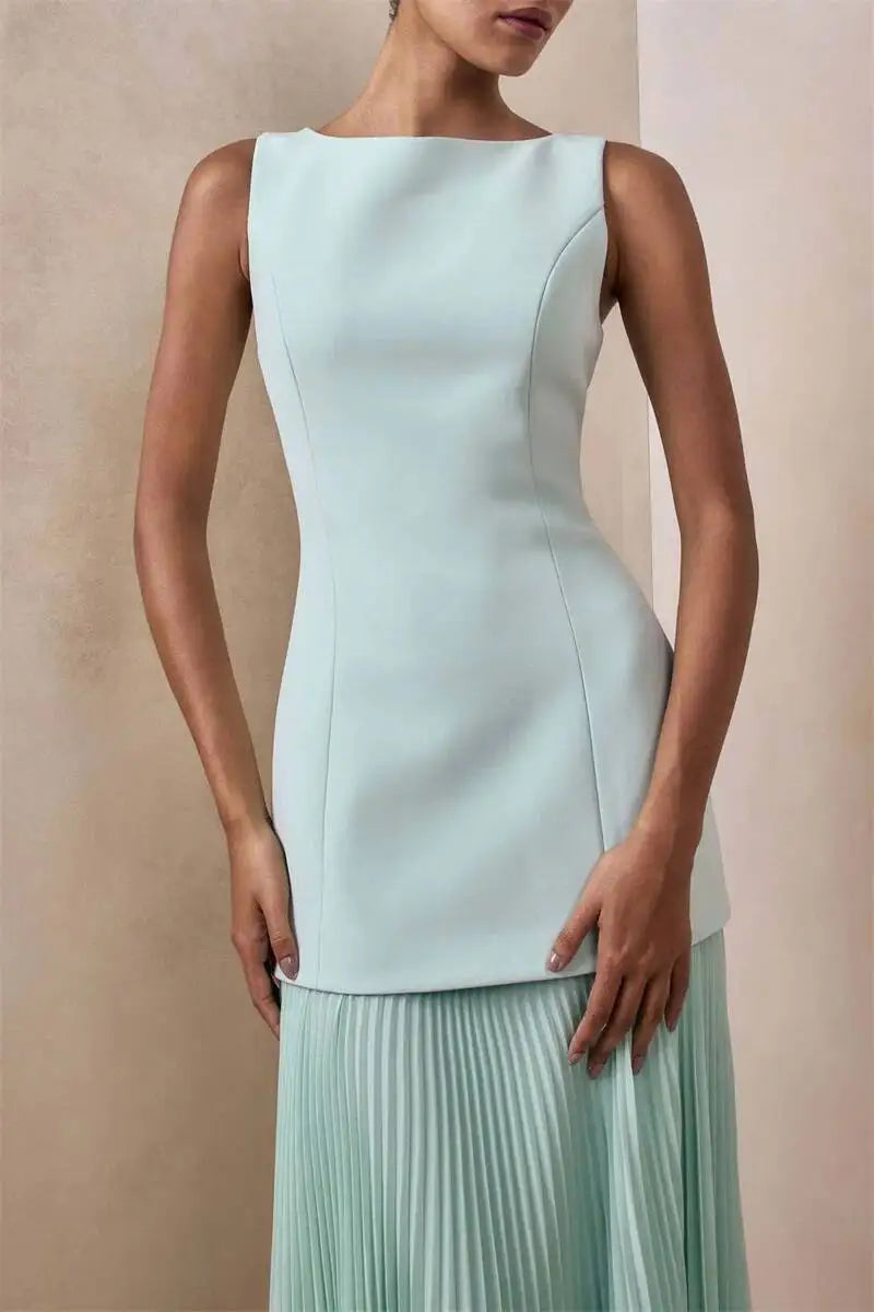 Vestido de Festa Longo Duas Peças Justo Plissado Decote Canoa