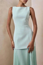 Vestido de Festa Longo Duas Peças Justo Plissado Decote Canoa Niquice
