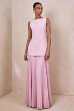 Vestido de Festa Longo Duas Peças Justo Plissado Decote Canoa Niquice