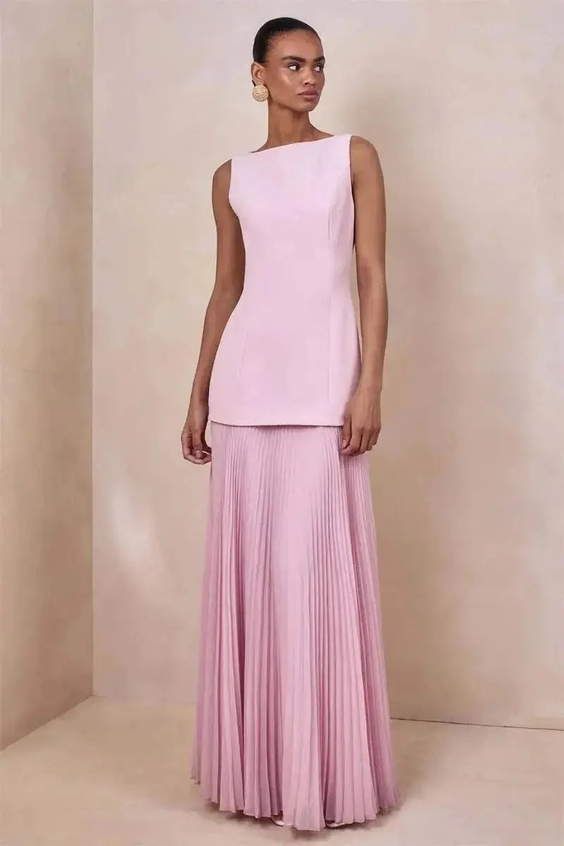 Vestido de Festa Longo Duas Peças Justo Plissado Decote Canoa Niquice