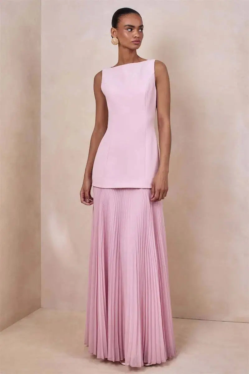 Vestido de Festa Longo Duas Peças Justo Plissado Decote Canoa