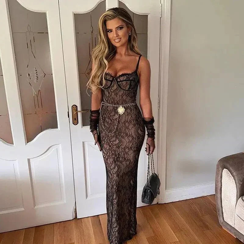 Vestido longo sexy de renda com decote ombro a ombro e fenda, elegante para festas