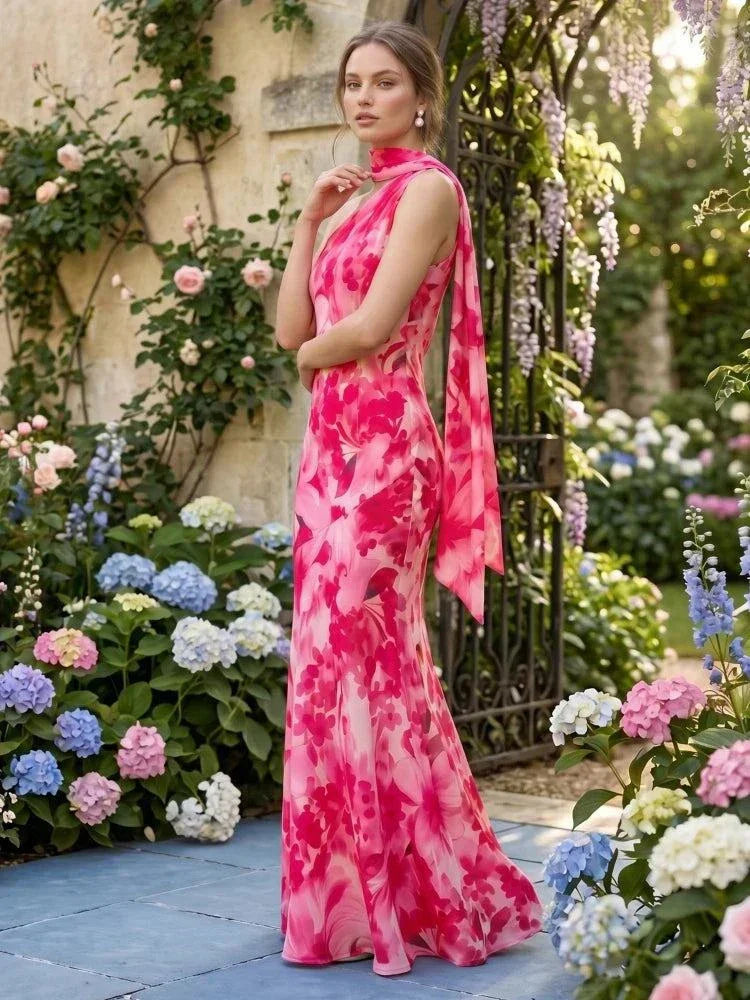 Vestido longo floral rosa com gola assimétrica e echarpe fluida, design elegante para eventos especiais.