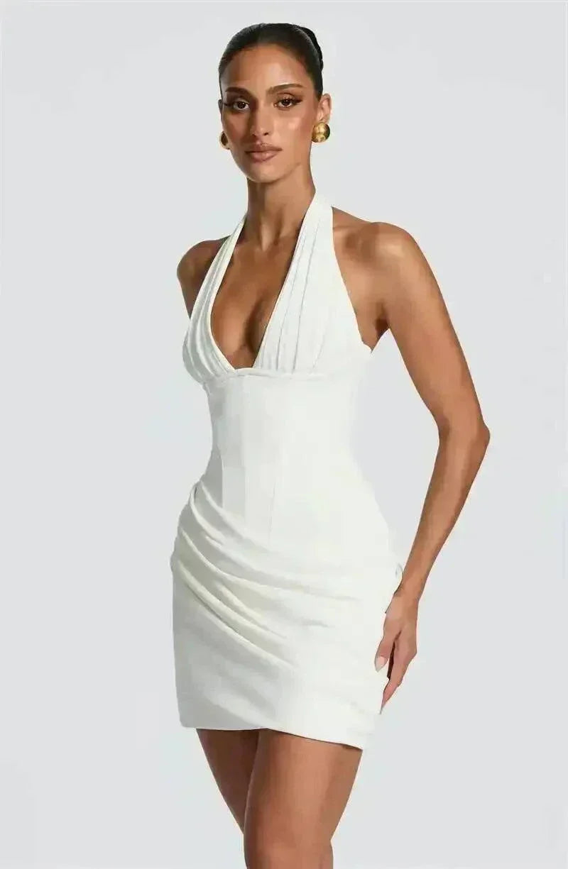 Vestido mini bodycon elegante vermelho com decote Halter Deep V e cintura franzida