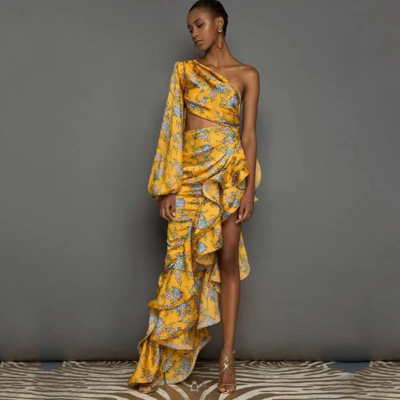 Vestido Longo Estampado de Um Ombro Só com Babados Elegante