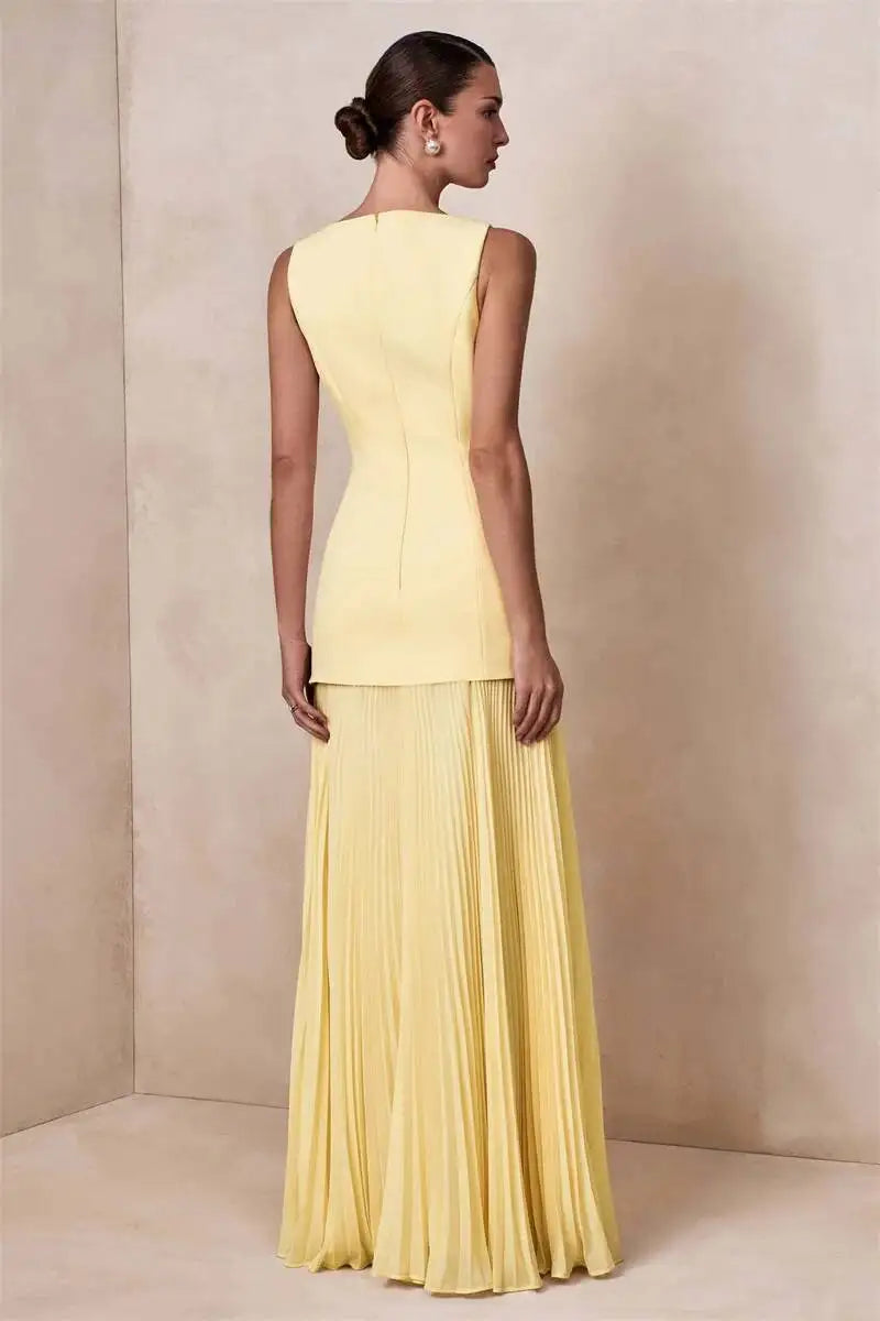 Vestido de Festa Longo Duas Peças Justo Plissado Decote Canoa