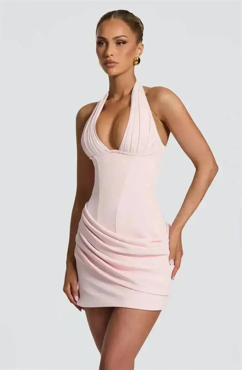 Vestido mini bodycon elegante com decote halter em V profundo, sem mangas e cintura franzida para festas na discoteca