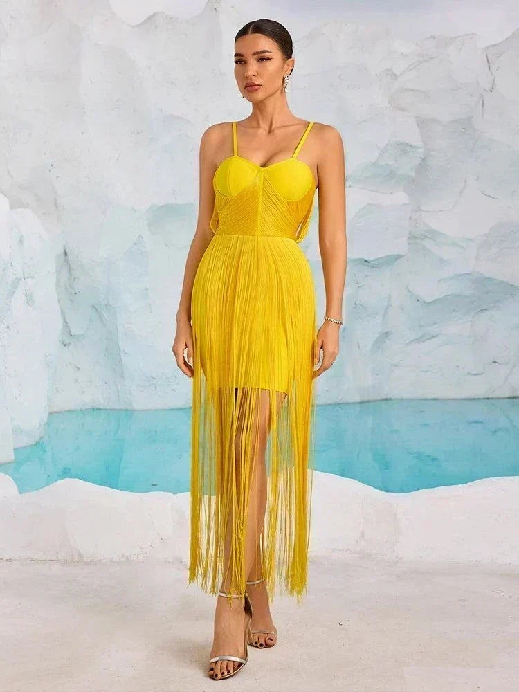 Vestido bandagem amarelo com alças finas e franjas para mulher, elegante e sexy para cocktail e eventos noturnos