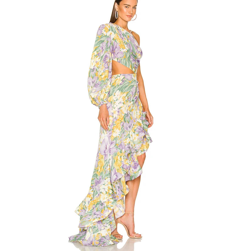 Vestido Longo Estampado de Um Ombro Só com Babados Elegante