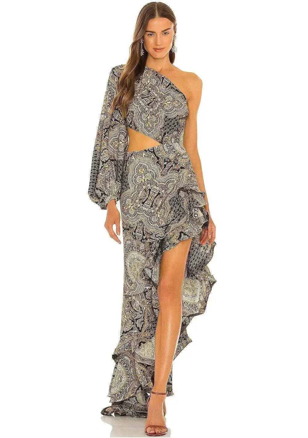 Vestido estampado de um ombro só com babados elegantes e design assimétrico para eventos formais