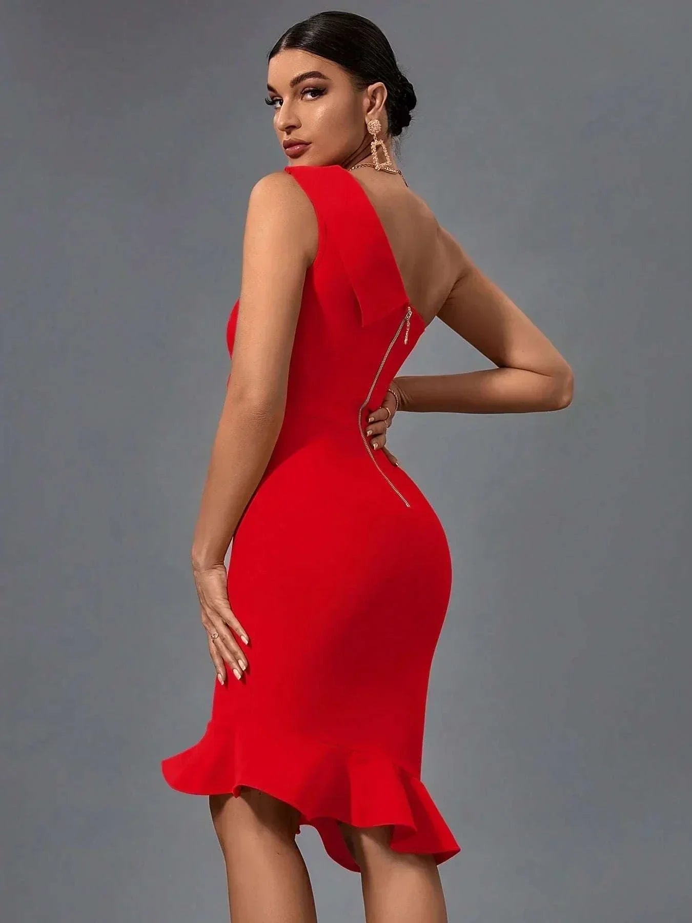 Vestido bandagem elegante feminino ombro único com folhos para festa cocktail verão