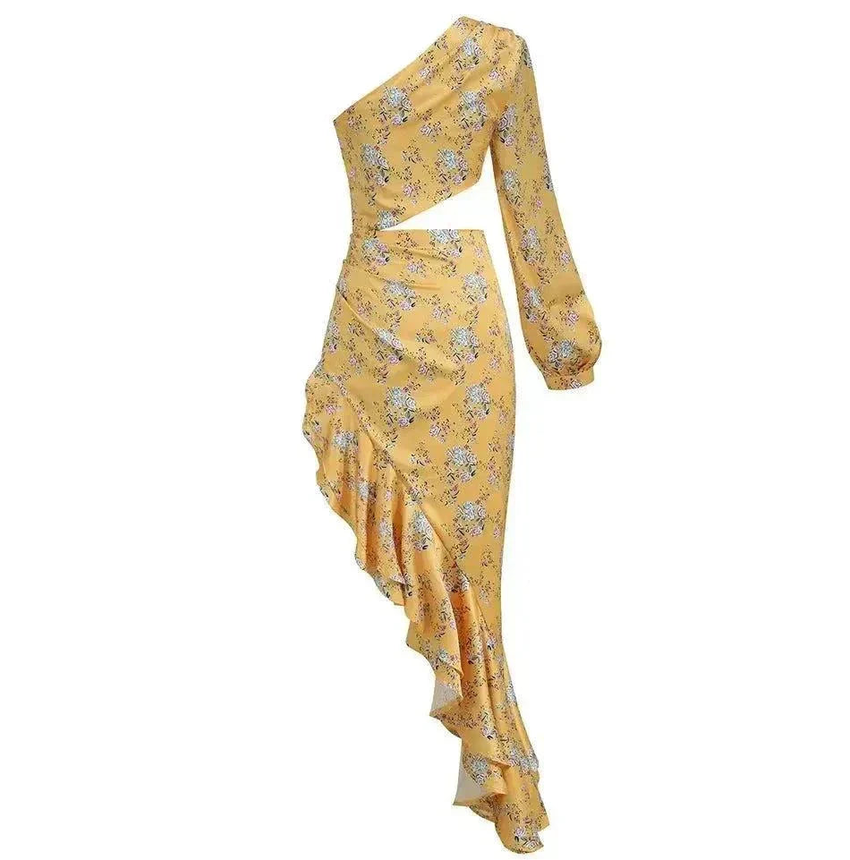 Vestido estampado de um ombro só com babados elegantes para eventos formais