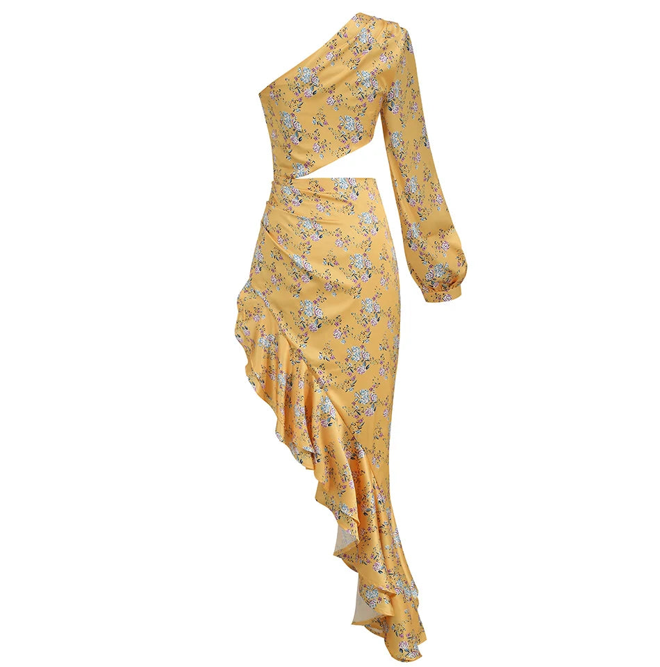 Vestido Longo Estampado de Um Ombro Só com Babados Elegante