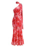 Vestido longo floral rosa com gola assimétrica e echarpe fluida elegante