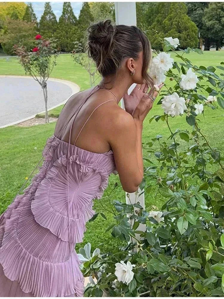 Vestido longo de férias roxo plissado sem alças com decote halter e bainha em forma de flor para senhora