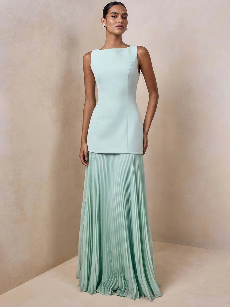 Vestido de Festa Longo Duas Peças Justo Plissado Decote Canoa