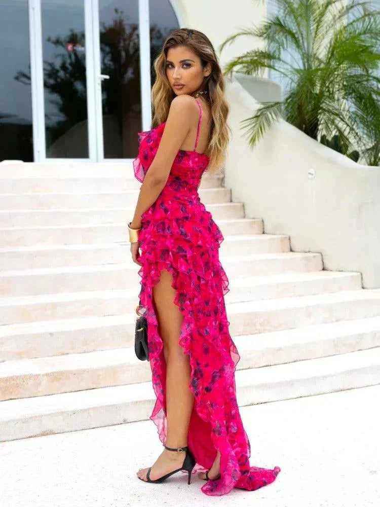 Vestido de praia longo com alças finas, estampa floral e folhos, decote em V, estilo sexy para festa na praia