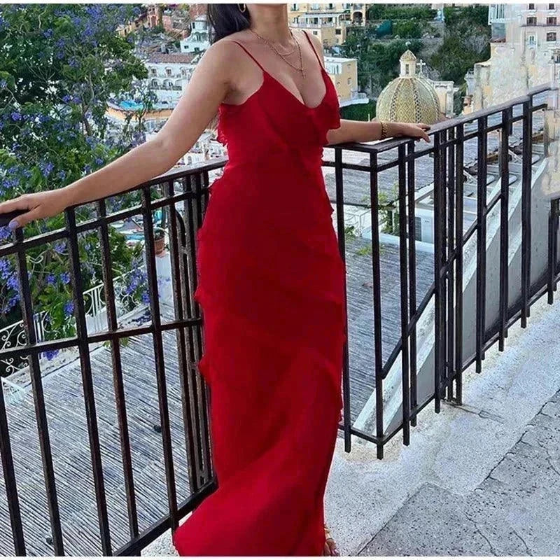 Vestido longo de alça em chiffon leve com babados elegante para moda summer fashion