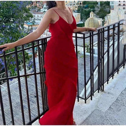 Vestido longo de alça em chiffon leve com babados elegante para moda summer fashion