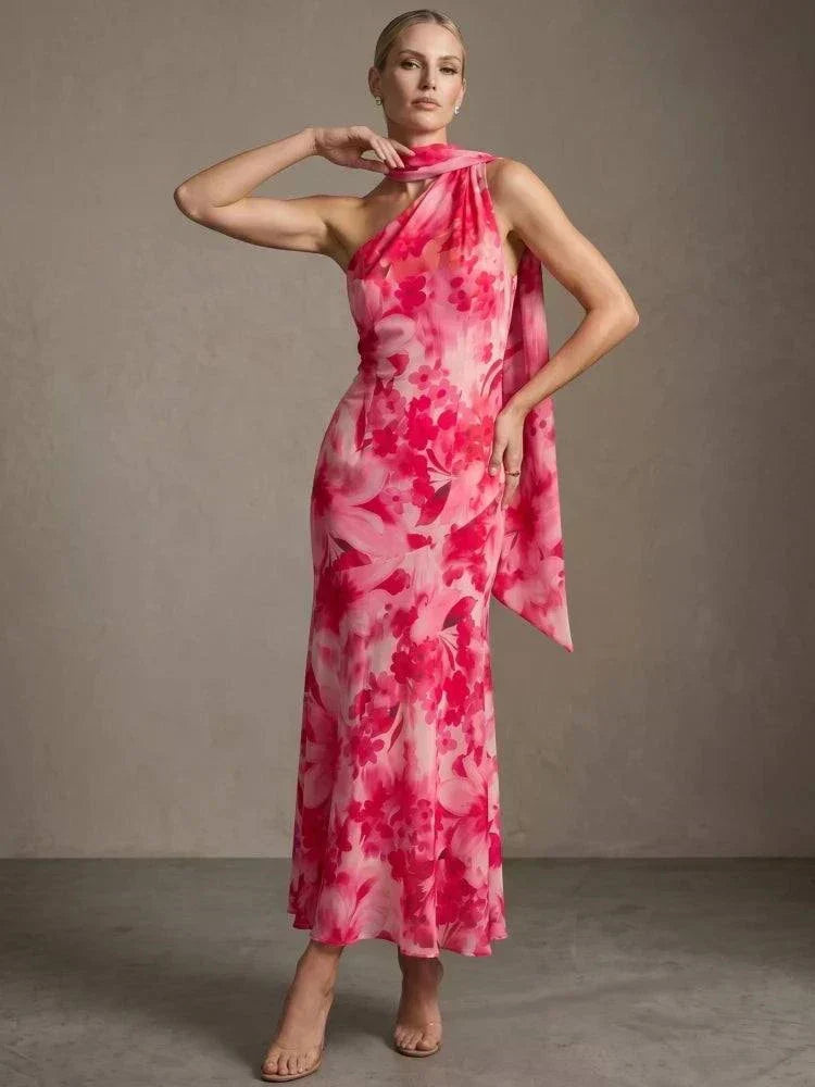 Vestido longo floral rosa com decote assimétrico e echarpe elegante para eventos especiais
