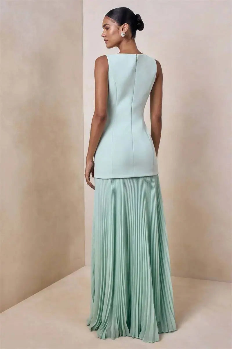 Vestido de Festa Longo Duas Peças Justo Plissado Decote Canoa