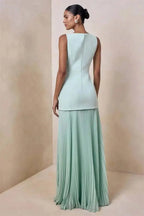 Vestido de Festa Longo Duas Peças Justo Plissado Decote Canoa Niquice